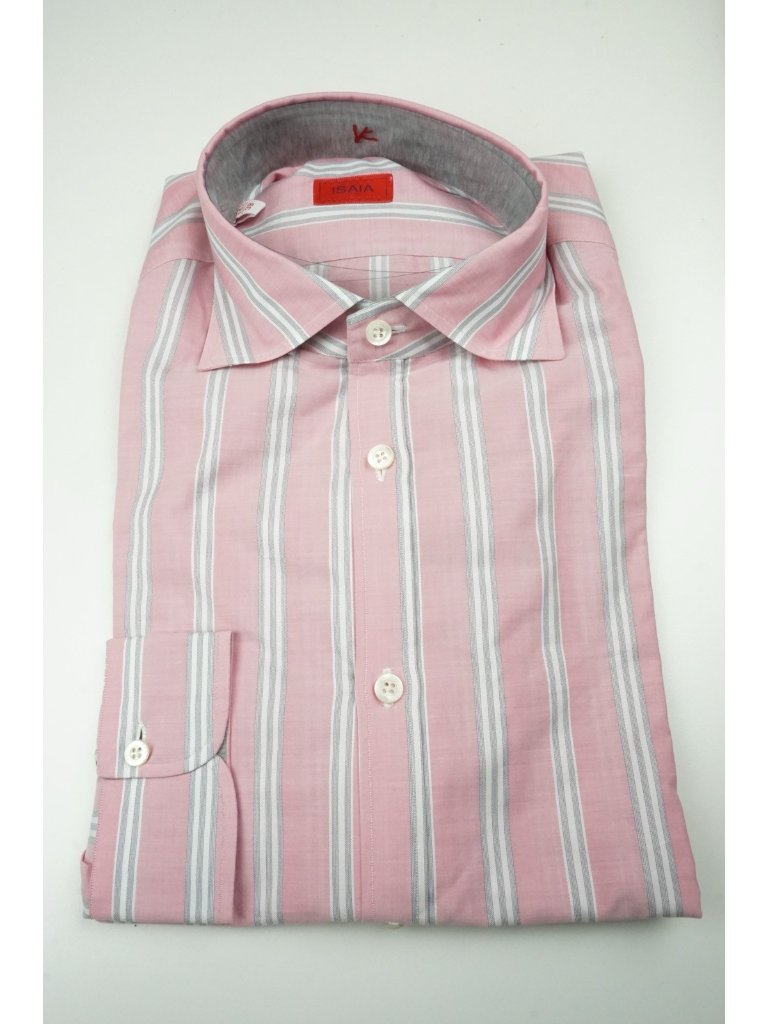 Isaia Bubblegum White Blue Striped Long Sleeve Cotton Dress Shirt 15.5/39 New